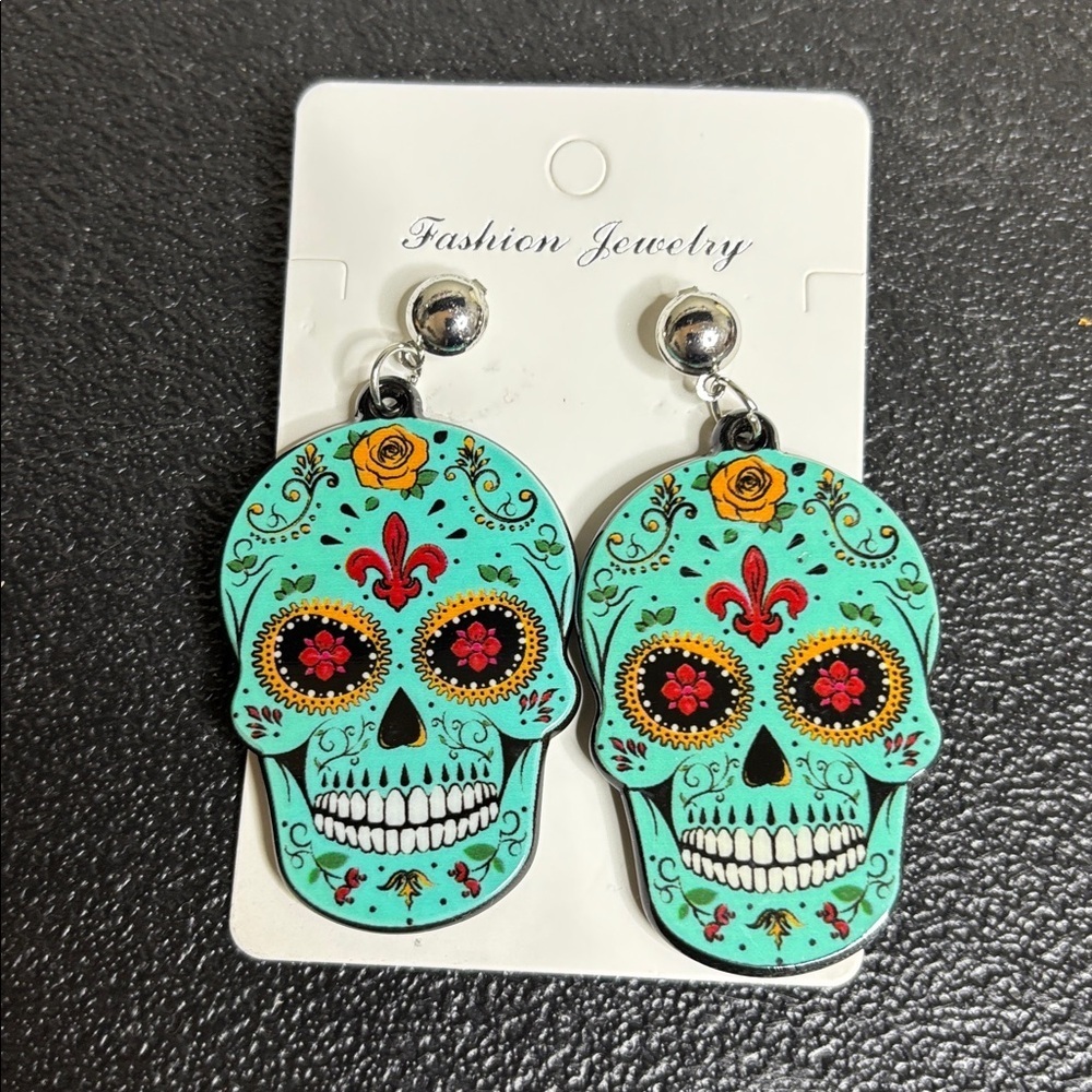 NWT Colorful Sugar Skull Dangle Statement Earrings October Halloween